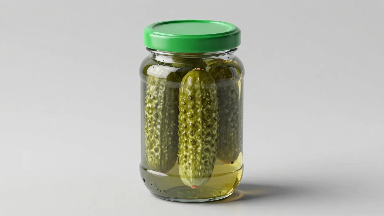 Photorealistic 3D render of a sealed glass pickle jar with a gree