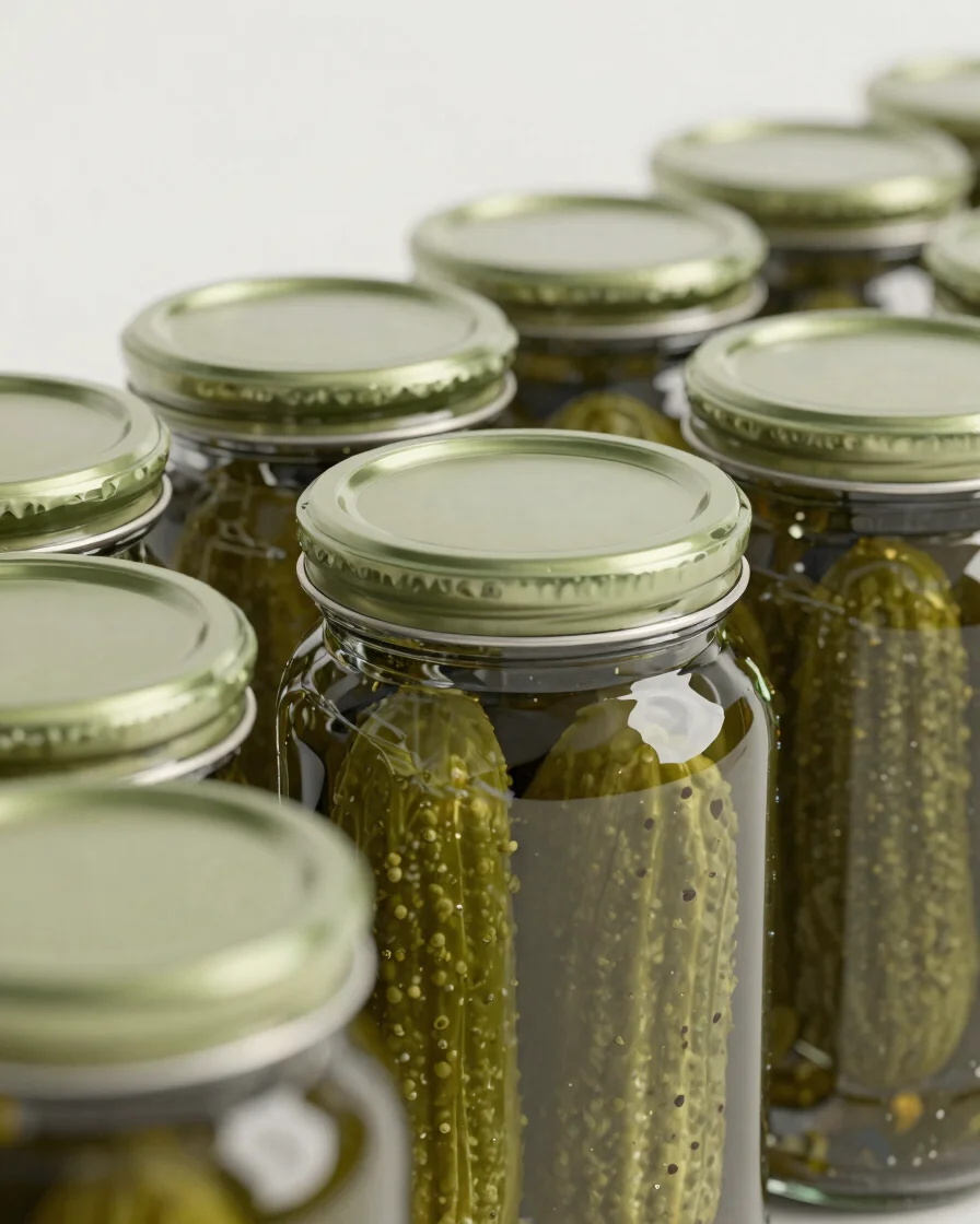 Photorealistic 3D macro render of a row of glass pickle jars in studio light, pickle-green accents, crisp highlights on