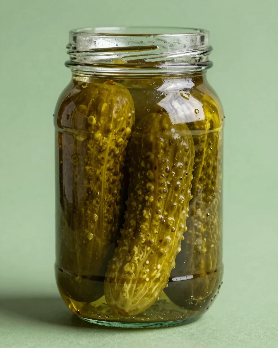 Photorealistic macro studio photograph of a close glass jar of whole dill pickles, crisp brine visible, soft controlled
