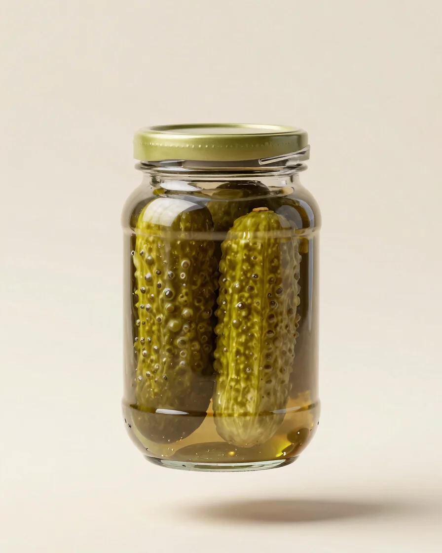 Photorealistic 3D render of a glass pickle jar floating in soft s